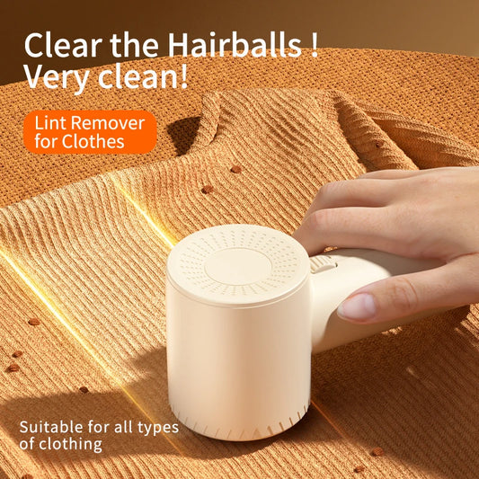 Lint remover for clothes on a textured fabric surface with text indicating its use.