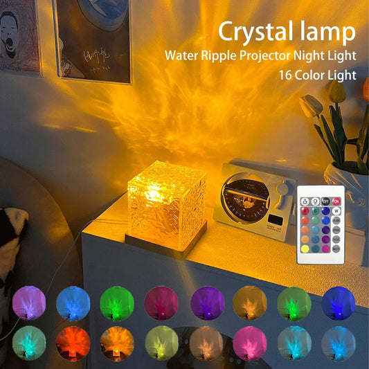 Remote 16 Colors Water Ripples Lights Rechargeable Ocean Wave Projector Lamp for Bedroom Decoration Rotating Flame Nightlight