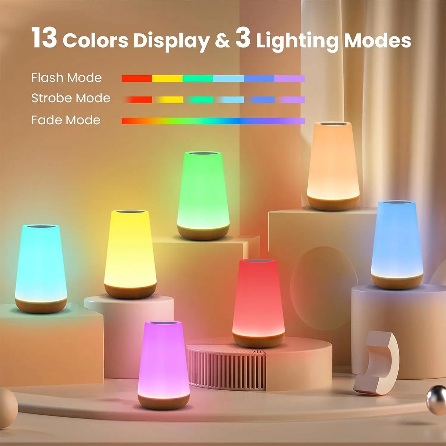 Color-changing lamps with 13 color display and 3 lighting modes on a wooden surface.